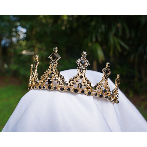 Unisex Vintage Black Gem Gold Tiara Bridal Crown Birthday Wedding Gift Diadem - Picture 2 of 7